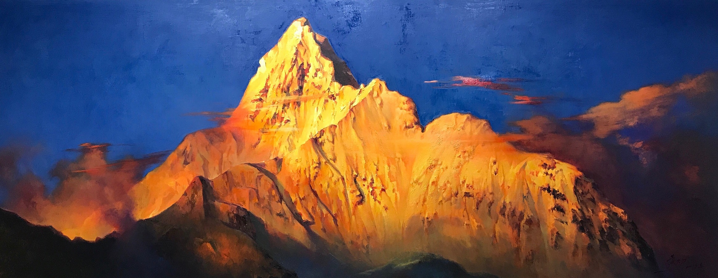 《日照金山·梅里雪山神女峰》100x260cm 布面油画 2019年 作品定制需要提前六个月