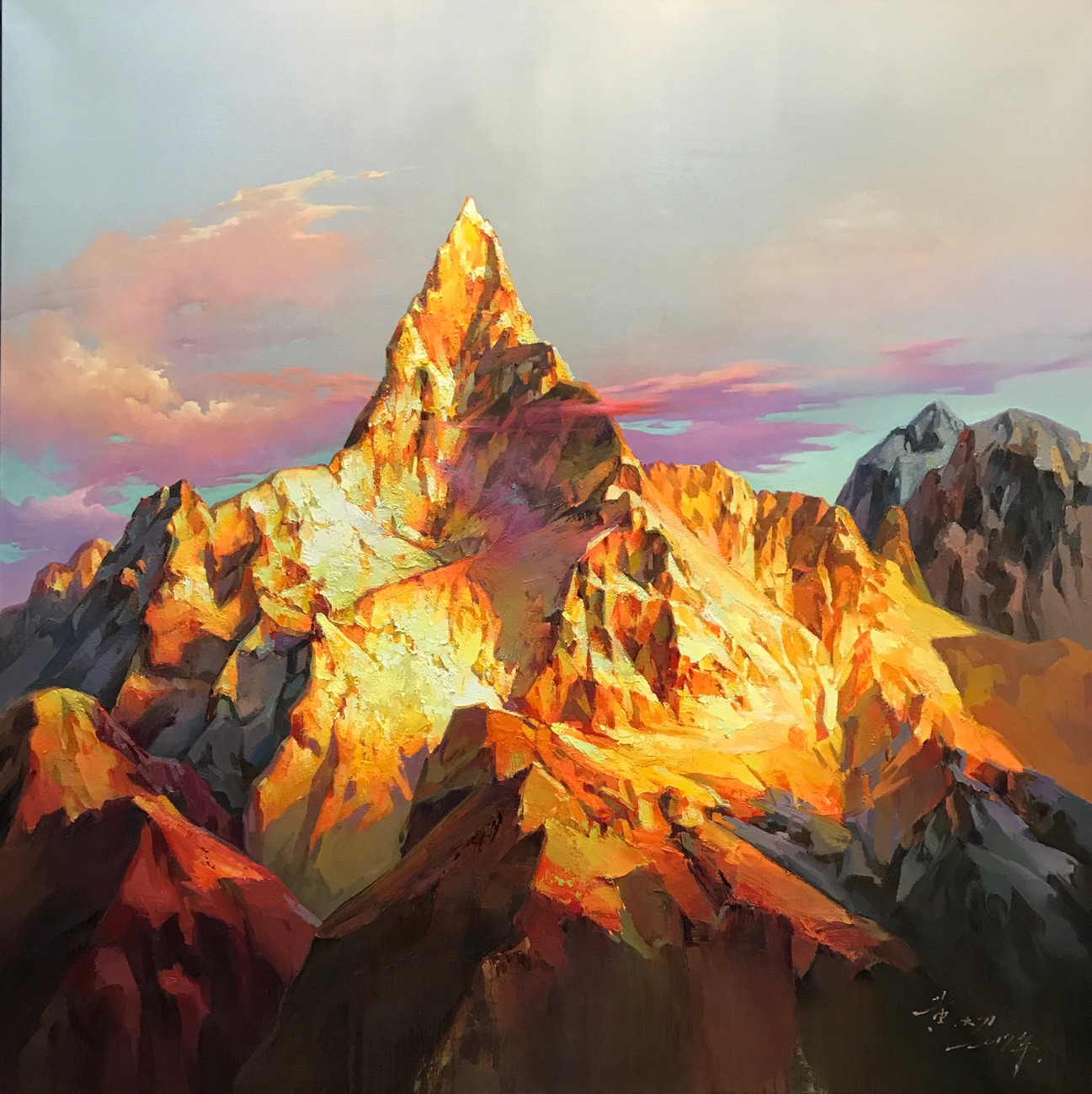 《日照金山·珠峰南坡》150x150cm 布面油画 2019年 作品定制需要提前六个月 