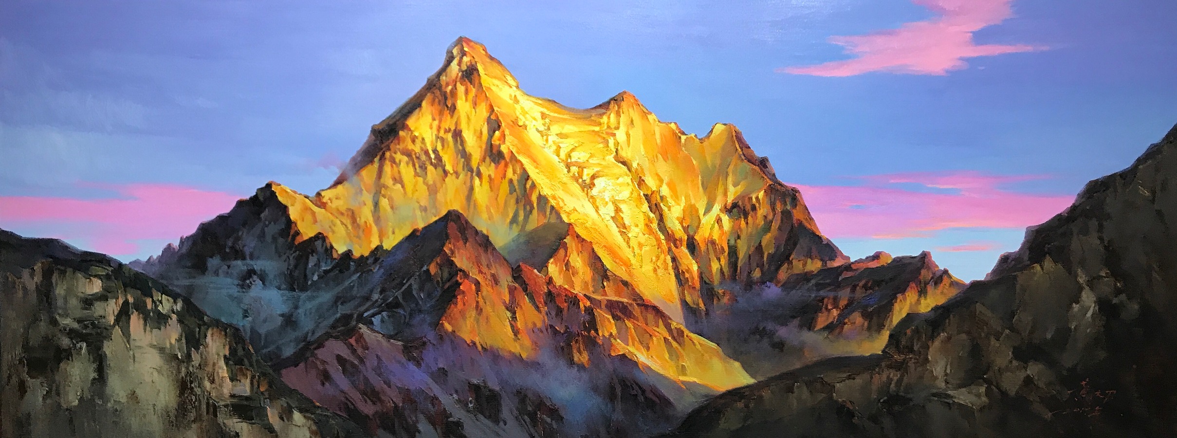 《日照金山-夏诺多吉》100x260cm 布面油画 2019年 作品定制需要提前六个月