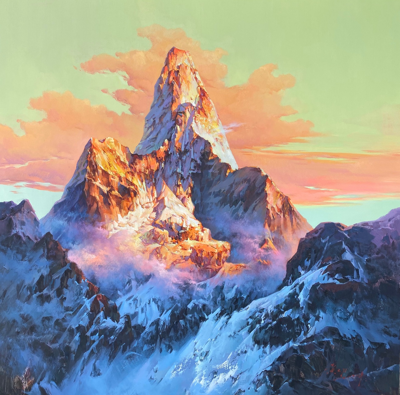 《日照金山》150x150cm 布面油画 2020年 作品定制需要提前六个月