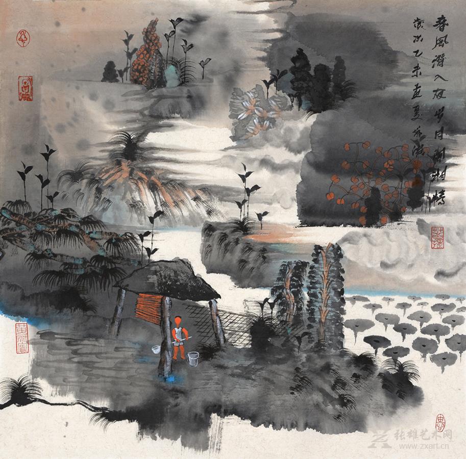 黄永滨国画作品《春风潜入夜-岁月闽湘情》
