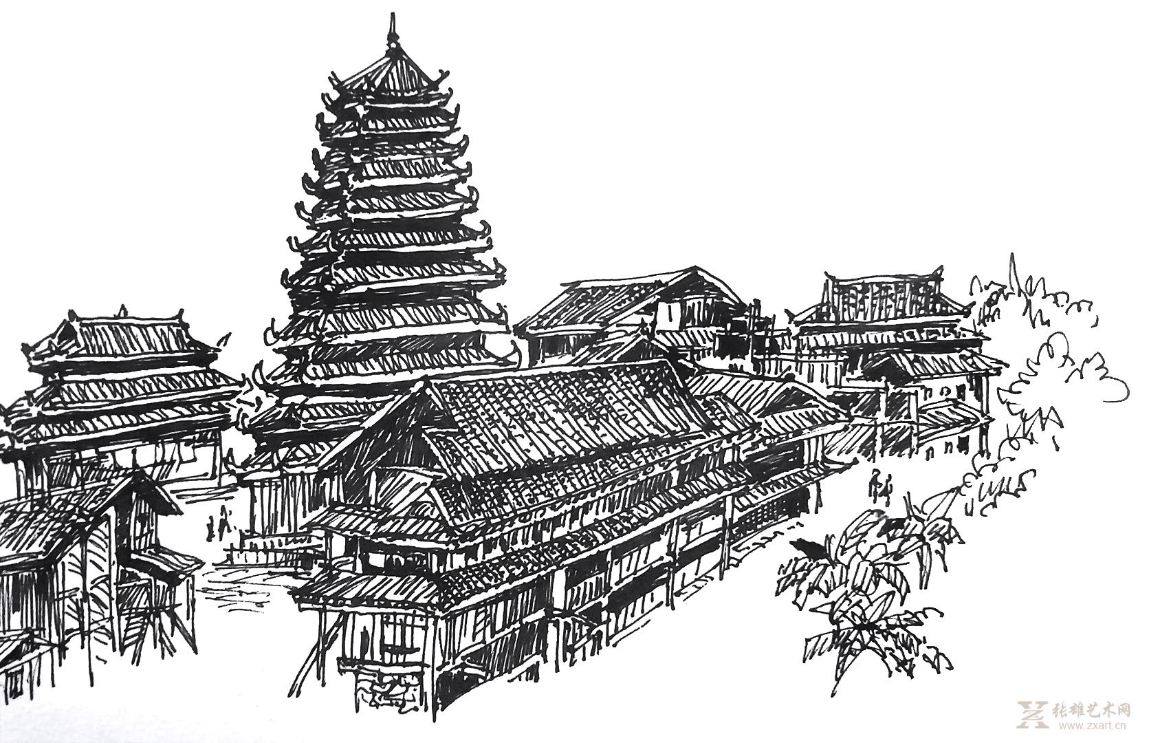三江阳程侗寨鼓楼 写生
